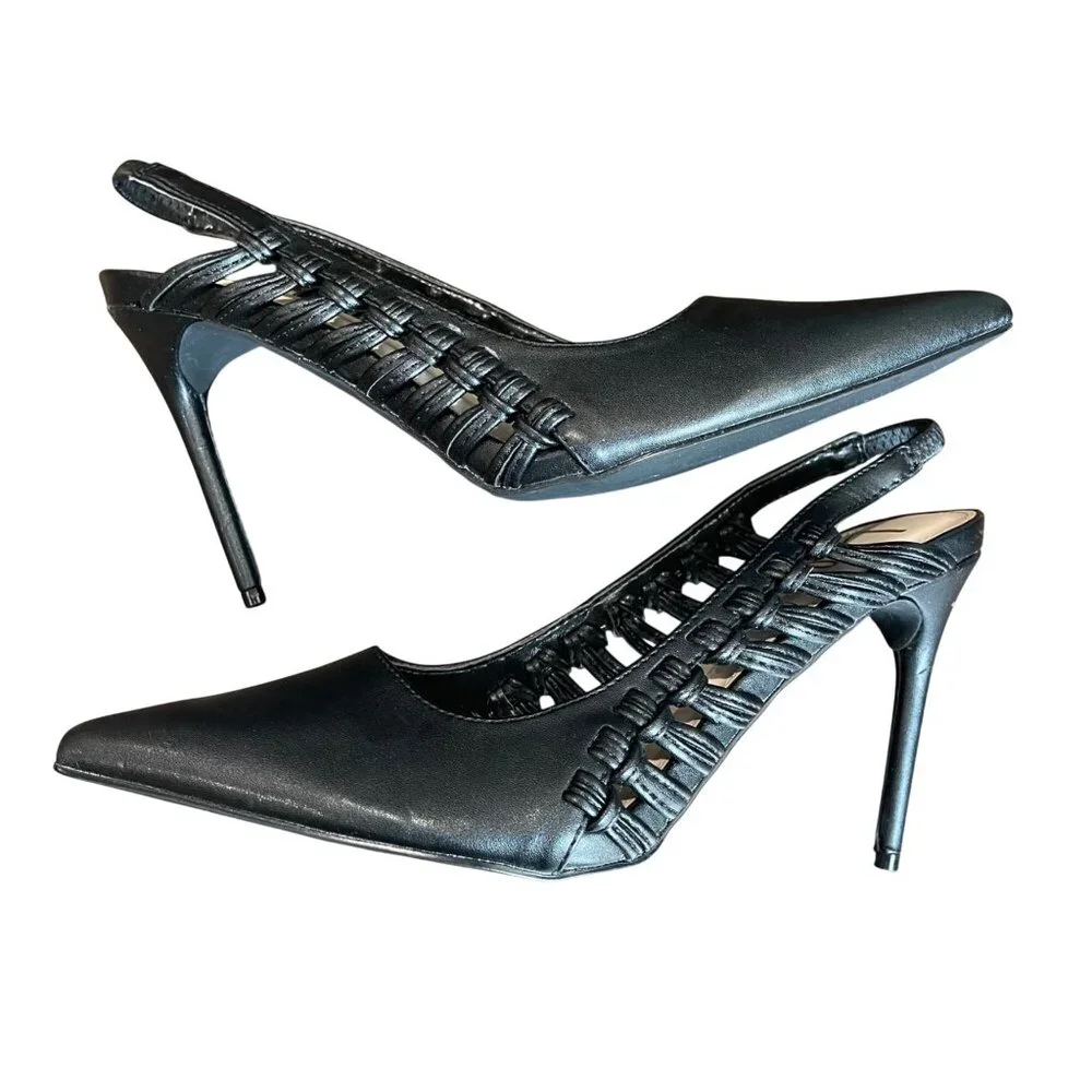 Lulus Syoosh Black Pointed‎ Toe Slingback Pumps Women's Size 8 Knotted Stiletto